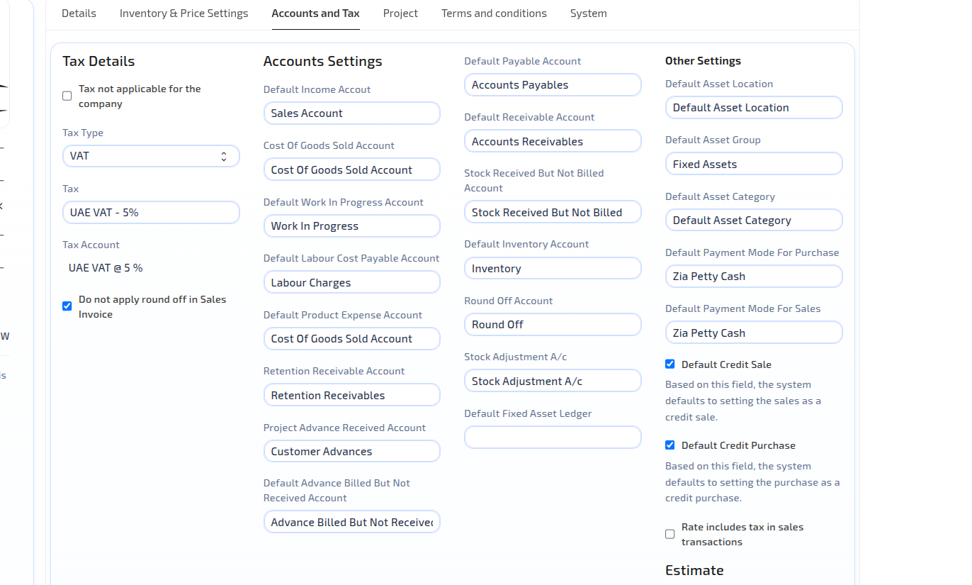 Company Settings — Accounts and Tax