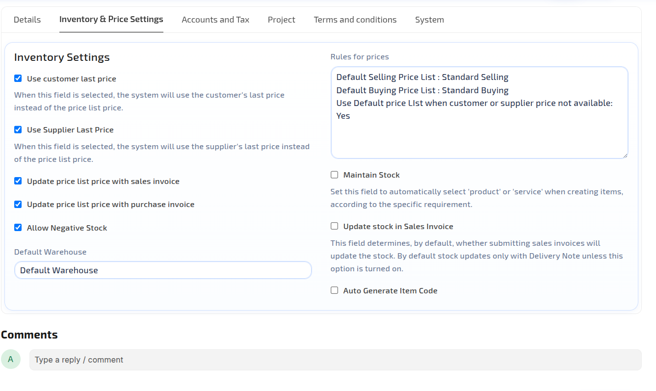 Company Settings — Inventory & Price Settings